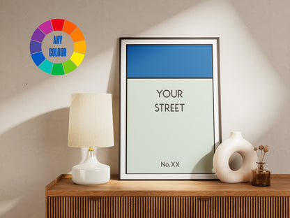 Customized Monopoly Board Game Art Print - Personalize with Your Street Name and Number for Unique Home Decor or Thoughtful Gift