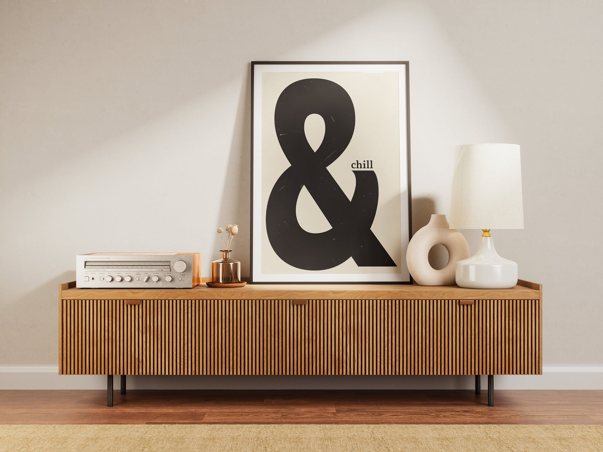 Retro Black and Beige '& Chill!' Quote Poster, Textured Monochrome Typography Wall Art, High Quality UK Wall Decor