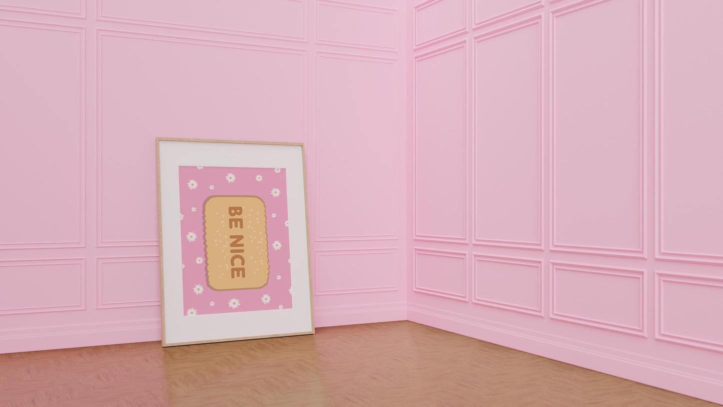 Be Nice Biscuit Art Print | Retro Pink Daisy Kitchen Decor | Cute, Positive Wall Art for Home & Office | Mid-Century Scalloped Poster