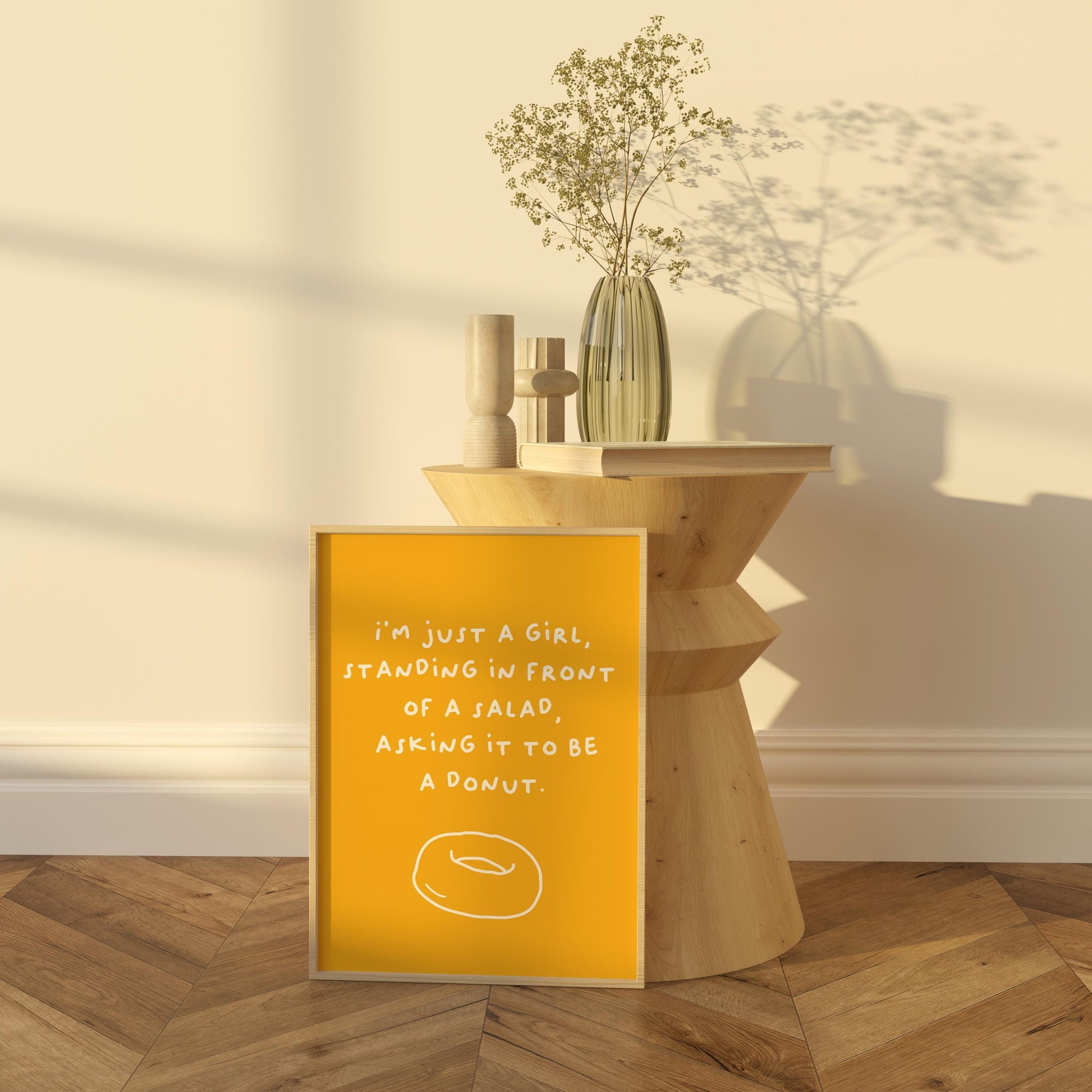 I'm Just a Girl Salad Donut Poster | Funny Food Typography Art | Available in Navy, Green, Yellow, and White