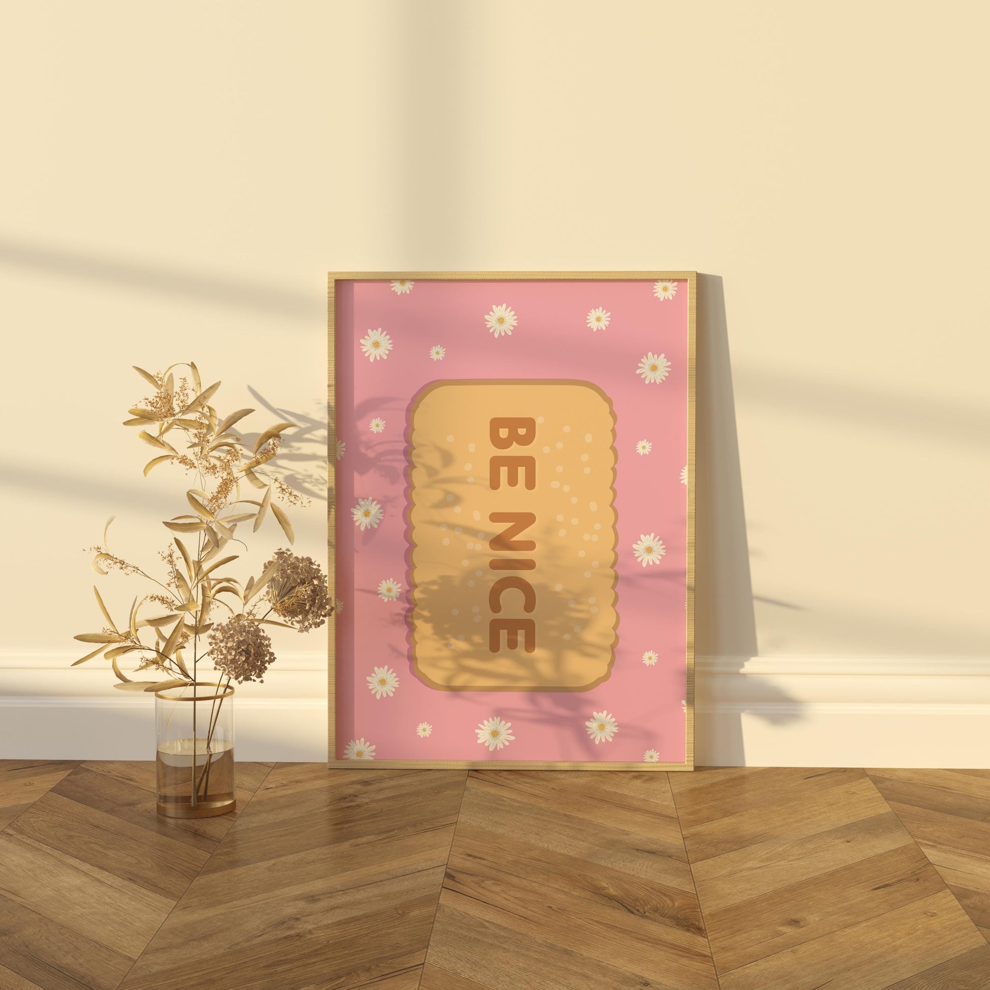 Be Nice Biscuit Art Print | Retro Pink Daisy Kitchen Decor | Cute, Positive Wall Art for Home & Office | Mid-Century Scalloped Poster