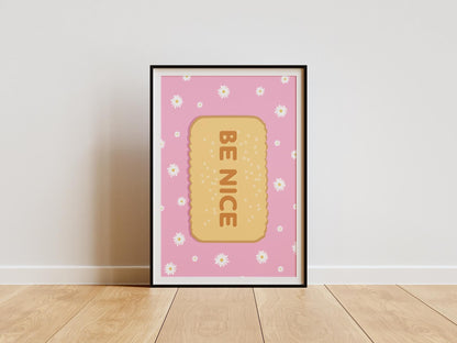 Be Nice Biscuit Art Print | Retro Pink Daisy Kitchen Decor | Cute, Positive Wall Art for Home & Office | Mid-Century Scalloped Poster