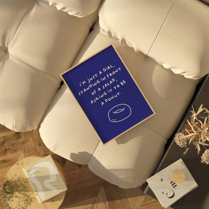 I'm Just a Girl Salad Donut Poster | Funny Food Typography Art | Available in Navy, Green, Yellow, and White