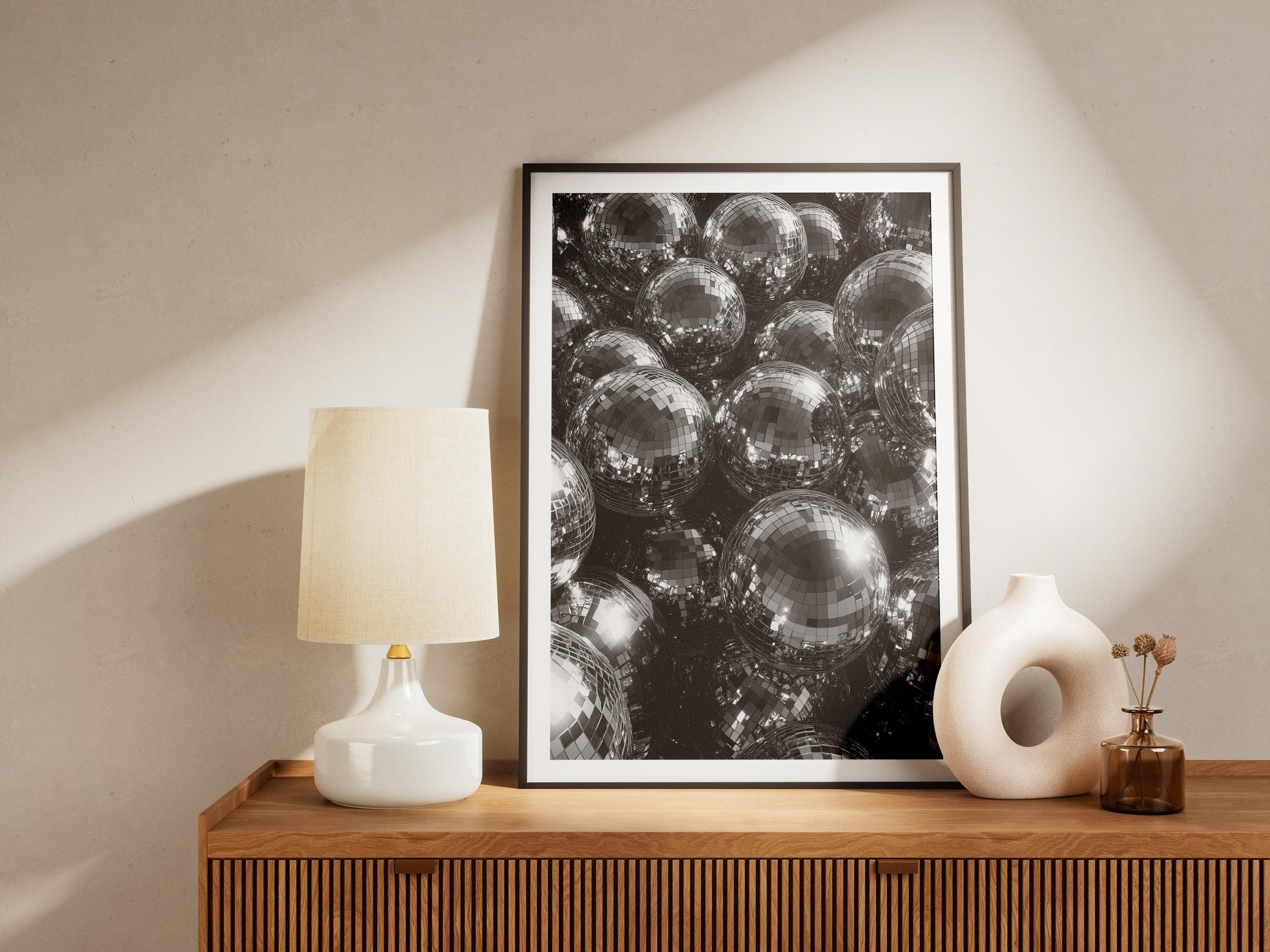 Disco Ball Aesthetic Print | Retro Party Wall Art | Black & White Glam Decor | Modern 70s Funk Poster | Instant Download