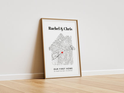 Personalised New Home Map Illustration | Black & White Housewarming Print | Custom First Home Gift for New Homeowners