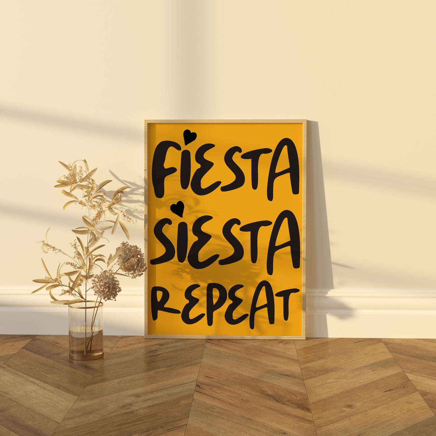 Fiesta Siesta Repeat Poster | Fun Typography Wall Art | Bold Colourful Home Decor | Vibrant Motivational Prints