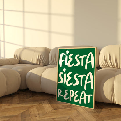 Fiesta Siesta Repeat Poster | Fun Typography Wall Art | Bold Colourful Home Decor | Vibrant Motivational Prints