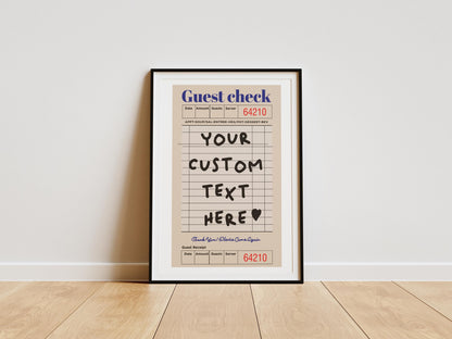 Custom Guest Check Poster | Retro Typographic Wall Art | Personalised Quote Decor for Preppy Space | Digital Download