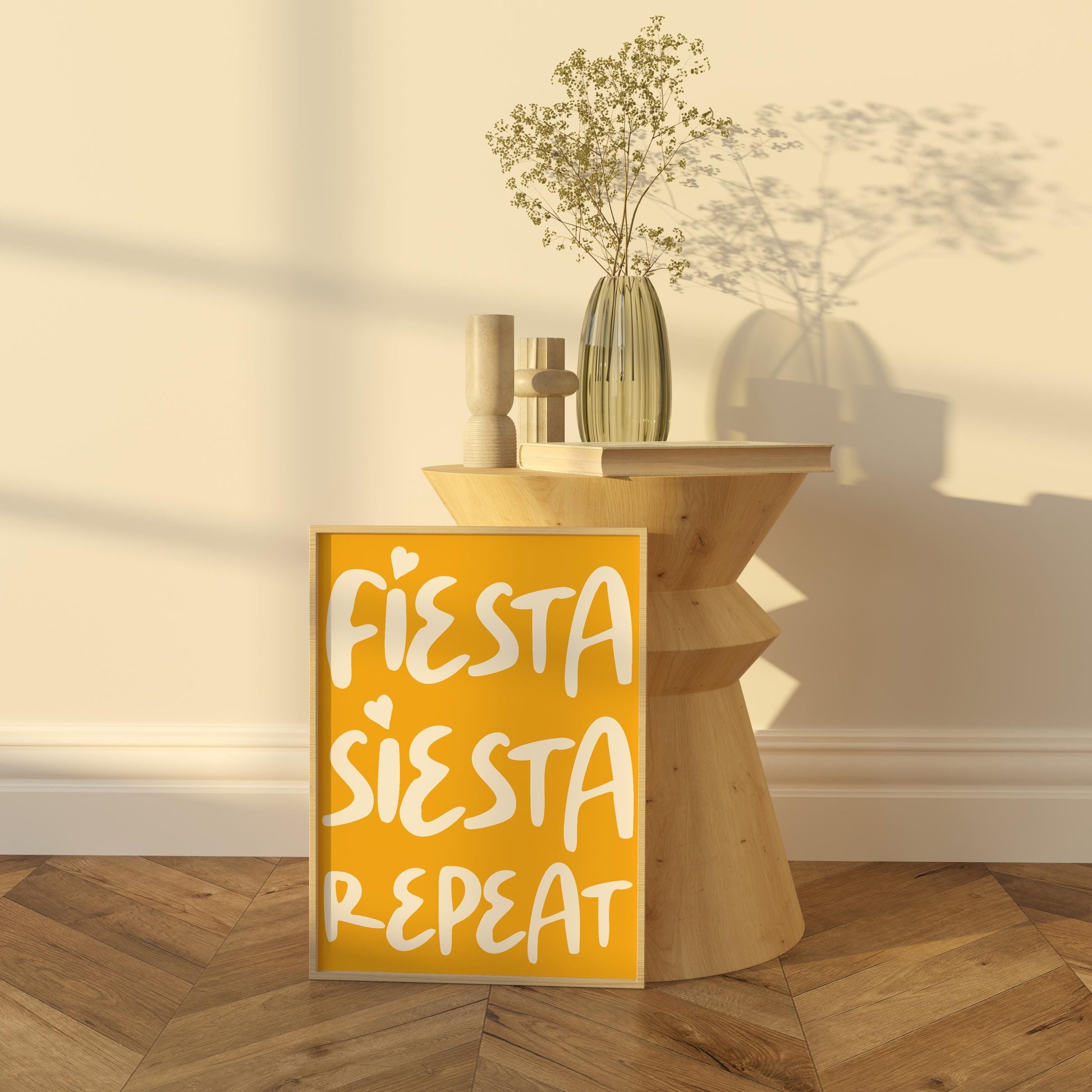 Fiesta Siesta Repeat Poster | Fun Typography Wall Art | Bold Colourful Home Decor | Vibrant Motivational Prints