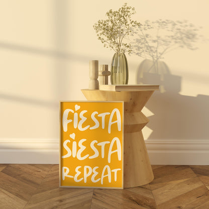 Fiesta Siesta Repeat Poster | Fun Typography Wall Art | Bold Colourful Home Decor | Vibrant Motivational Prints