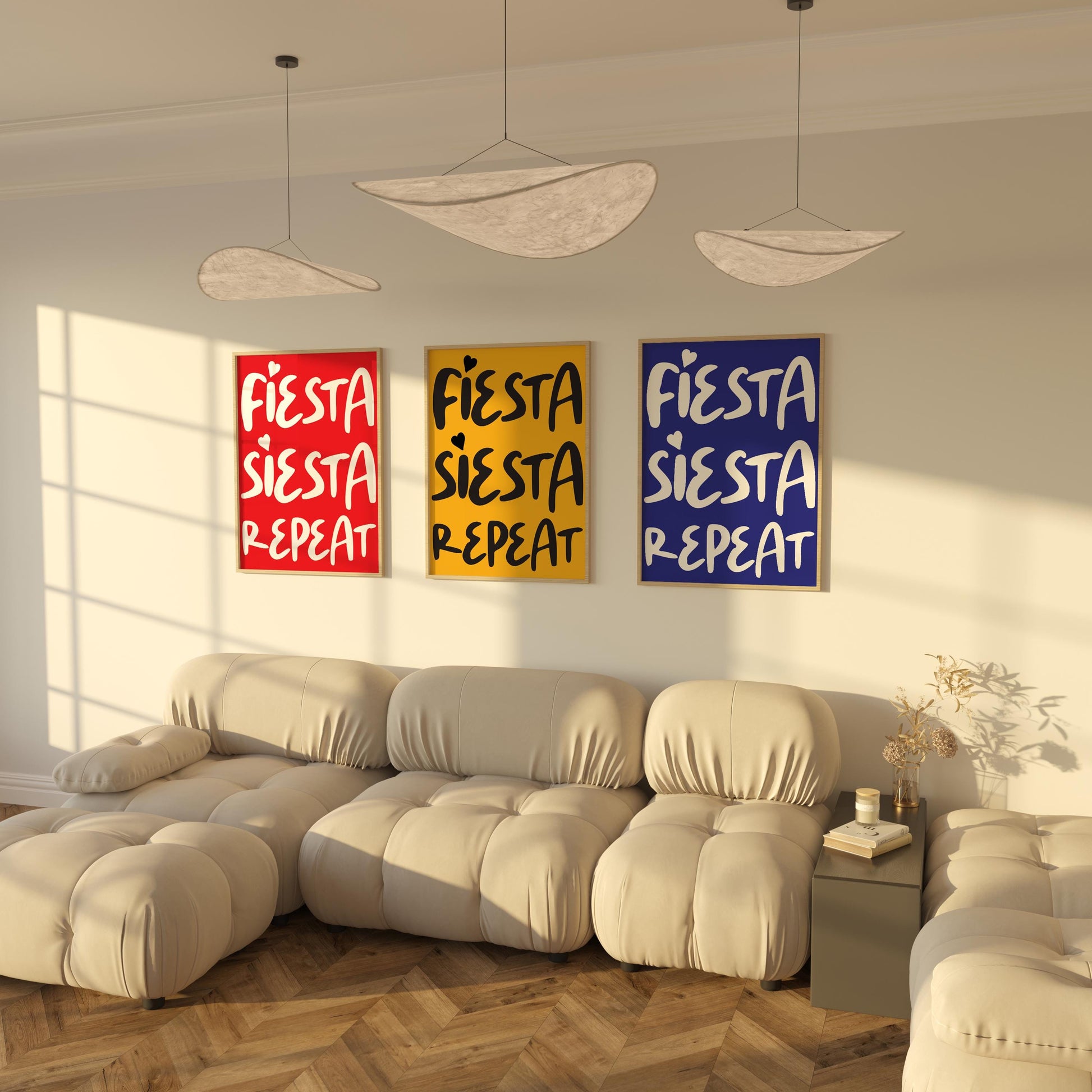 Fiesta Siesta Repeat Poster | Fun Typography Wall Art | Bold Colourful Home Decor | Vibrant Motivational Prints
