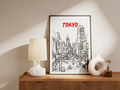 Tokyo Skyline Print | Modern Japan Cityscape Art | Minimalist Black & White Travel Poster | Shibuya Crossing Wall Decor