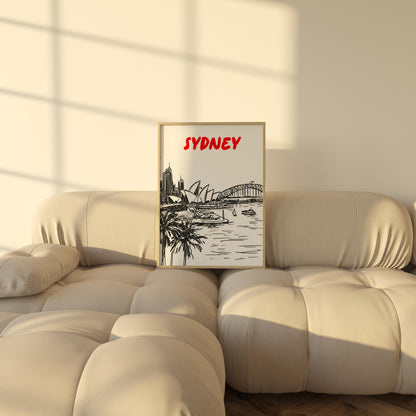Sydney Skyline Print | Australia Cityscape Wall Art | Minimalist Black & White Travel Poster | Opera House and Harbour Bridge Decor