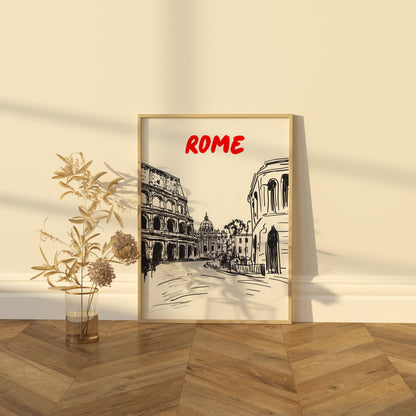 Rome Skyline Print | Italy Travel Poster | Minimalist Black & White Colosseum Art | Rome Cityscape Wall Decor