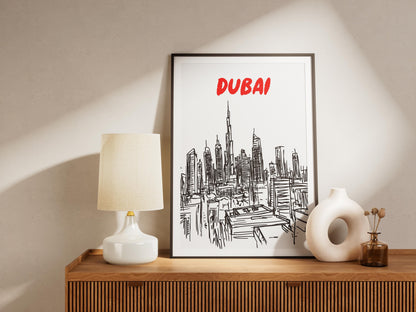 Dubai Skyline Print | Minimalist UAE Cityscape Art | Black & White Burj Khalifa Poster | Dubai Travel Wall Decor | Modern Urban Architecture