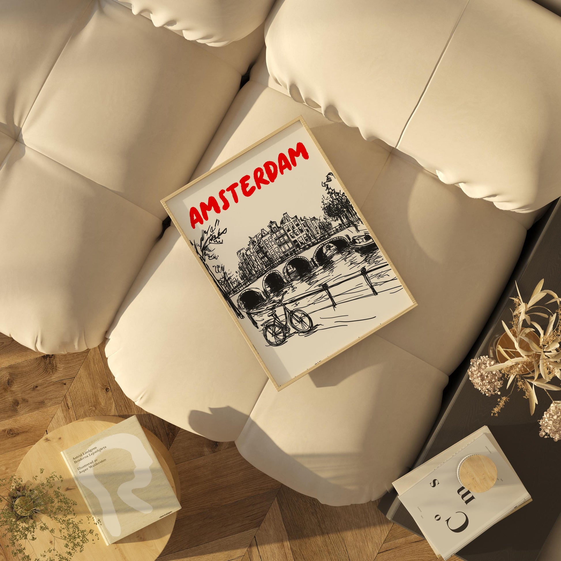 Amsterdam Canal Print | Minimalist Netherlands Wall Art Amsterdam Cityscape | Bicycle & Bridge Travel Poster | Dutch Home Decor