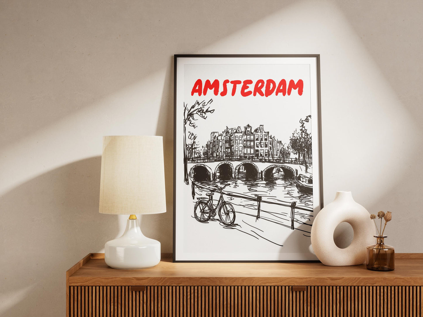 Amsterdam Canal Print | Minimalist Netherlands Wall Art Amsterdam Cityscape | Bicycle & Bridge Travel Poster | Dutch Home Decor