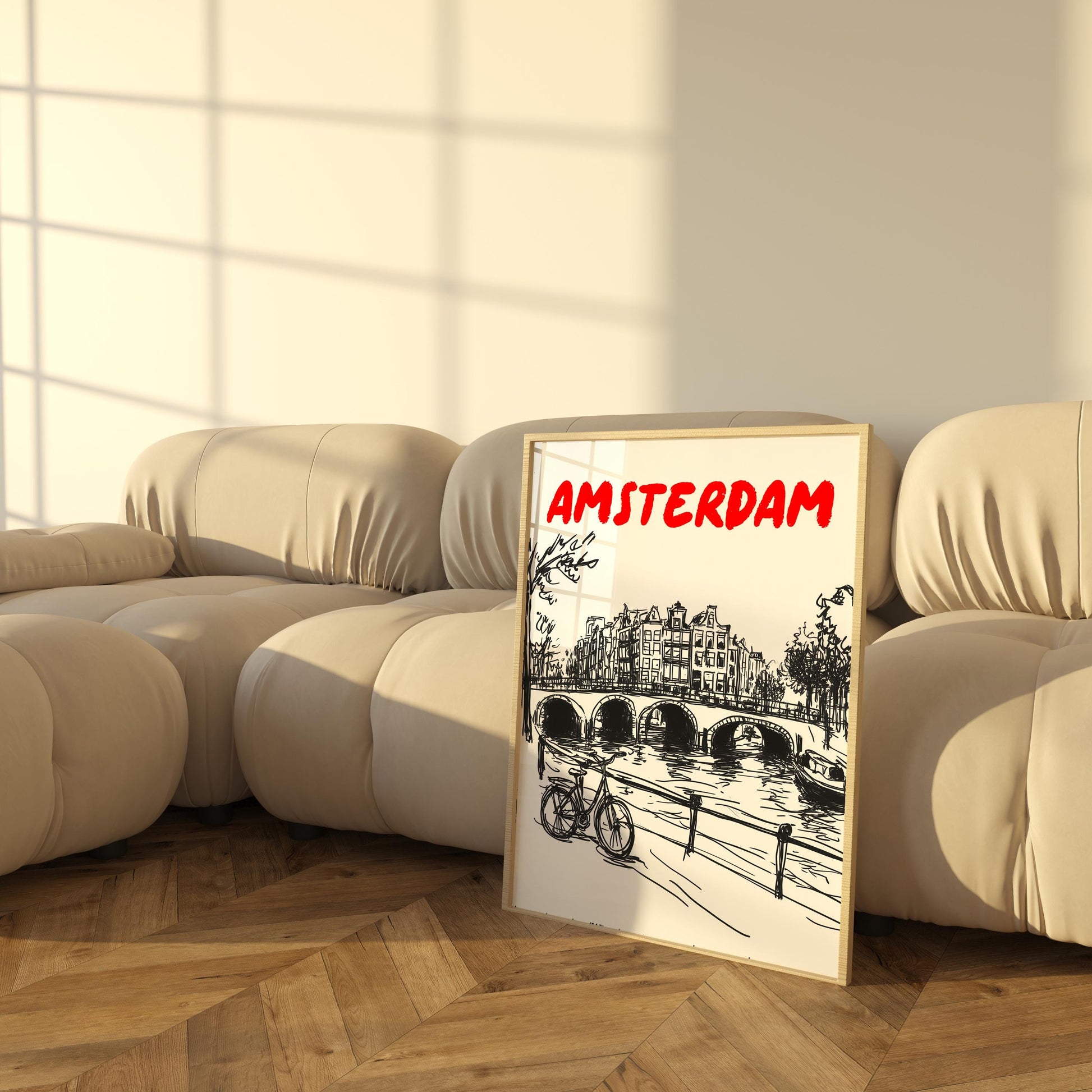 Amsterdam Canal Print | Minimalist Netherlands Wall Art Amsterdam Cityscape | Bicycle & Bridge Travel Poster | Dutch Home Decor