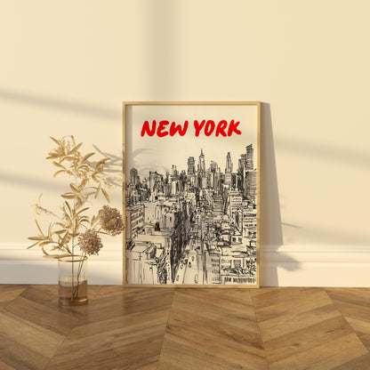 New York City Skyline Print | Black & White NYC Wall Art | Manhattan Urban Sketch | New York Travel Poster | Minimalist NYC Decor