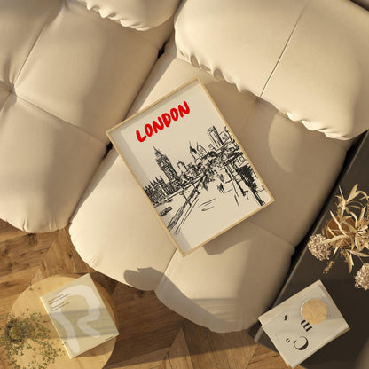 London Skyline Print | Black & White London Cityscape Art | Big Ben Thames River Sketch | Minimalist London Poster | UK Travel Decor