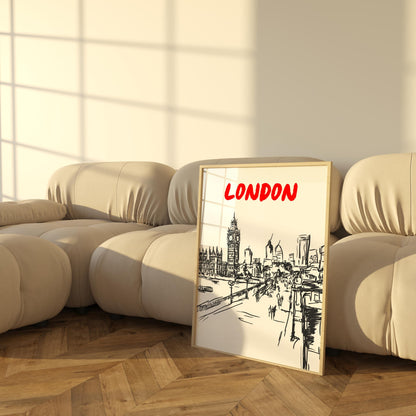 London Skyline Print | Black & White London Cityscape Art | Big Ben Thames River Sketch | Minimalist London Poster | UK Travel Decor