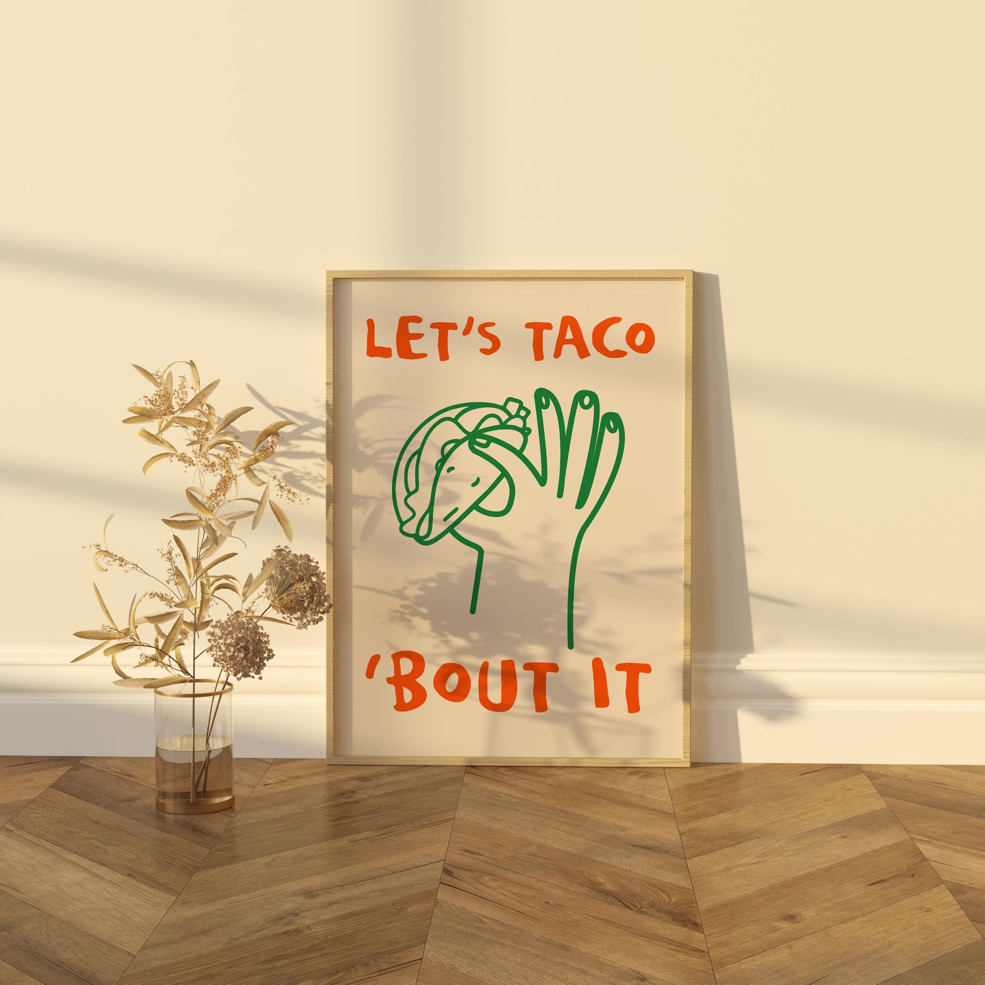 Let’s Taco ‘Bout It Print | Funny Taco Wall Art | Quirky Kitchen Decor for Foodies & Mexican Food Lovers
