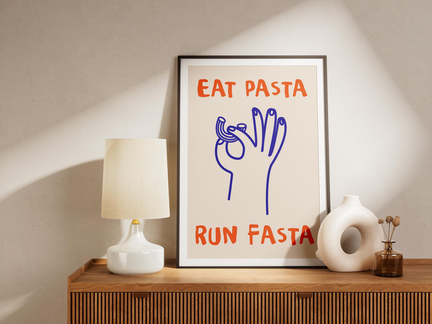 Eat Pasta Run Fasta Print | Funny Runner’s Wall Art | Quirky Kitchen & Fitness Decor