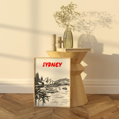 Sydney Skyline Print | Australia Cityscape Wall Art | Minimalist Black & White Travel Poster | Opera House and Harbour Bridge Decor