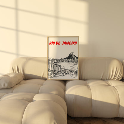 Rio de Janeiro Skyline Print | Brazil Travel Poster | Minimalist Black & White Christ the Redeemer Art | Rio Cityscape Wall Decor