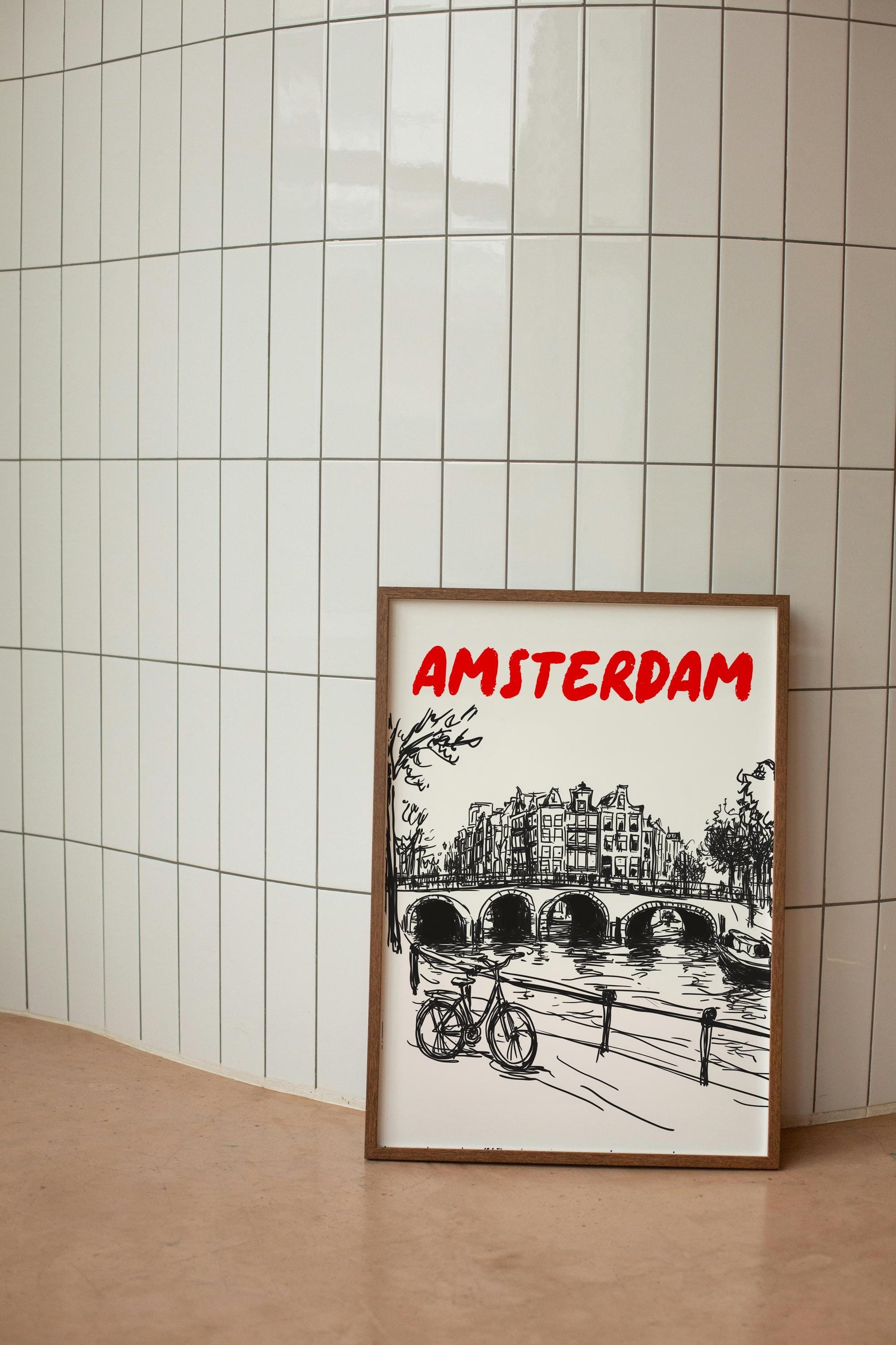 Amsterdam Canal Print | Minimalist Netherlands Wall Art Amsterdam Cityscape | Bicycle & Bridge Travel Poster | Dutch Home Decor