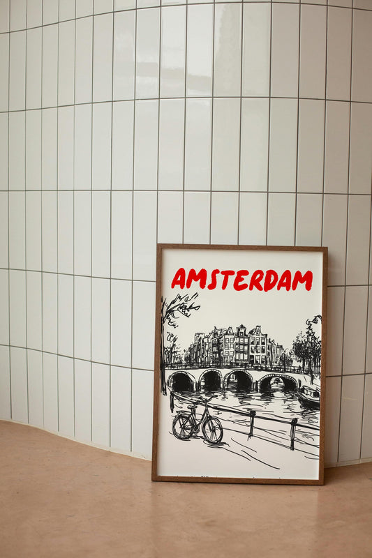 Amsterdam Canal Print | Minimalist Netherlands Wall Art Amsterdam Cityscape | Bicycle & Bridge Travel Poster | Dutch Home Decor