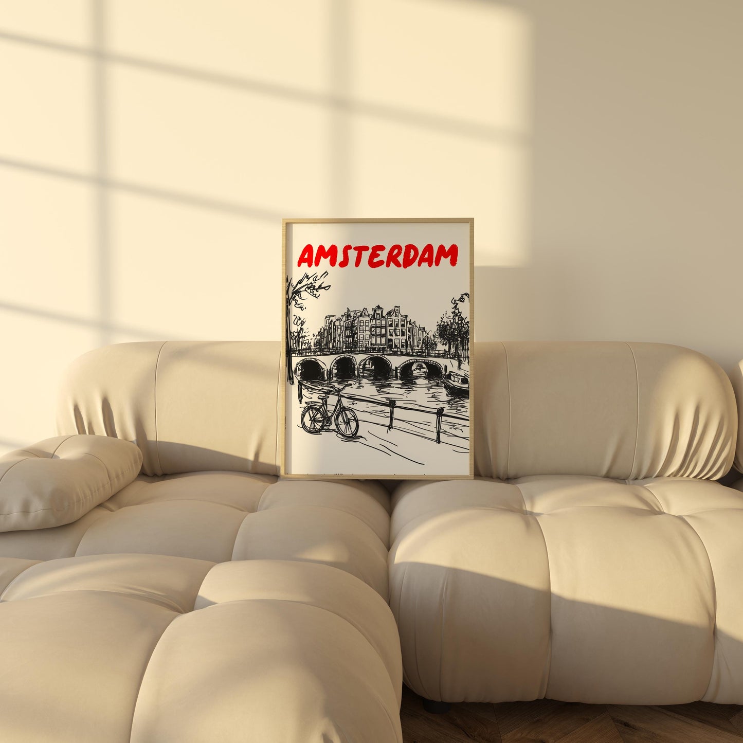 Amsterdam Canal Print | Minimalist Netherlands Wall Art Amsterdam Cityscape | Bicycle & Bridge Travel Poster | Dutch Home Decor