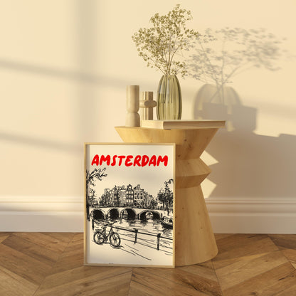 Amsterdam Canal Print | Minimalist Netherlands Wall Art Amsterdam Cityscape | Bicycle & Bridge Travel Poster | Dutch Home Decor