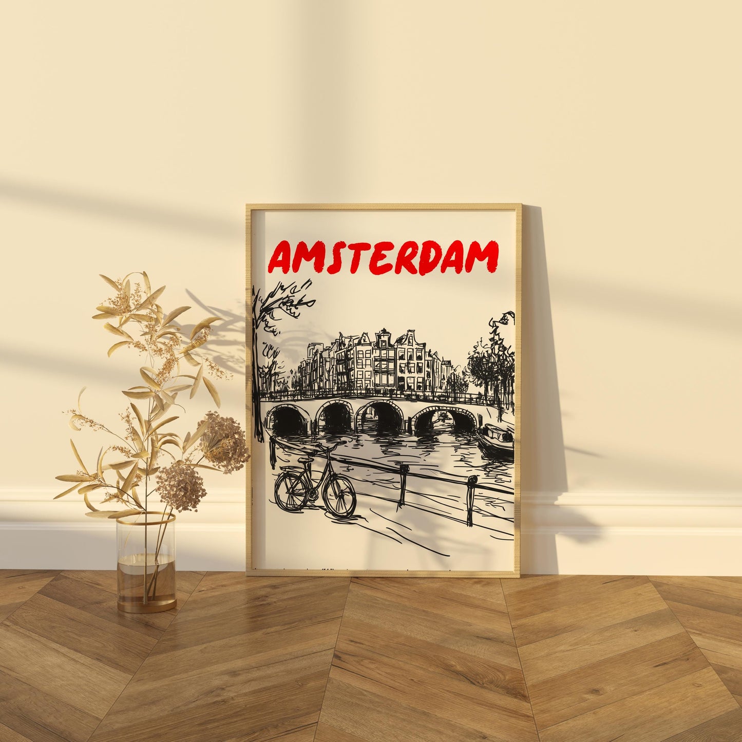 Amsterdam Canal Print | Minimalist Netherlands Wall Art Amsterdam Cityscape | Bicycle & Bridge Travel Poster | Dutch Home Decor