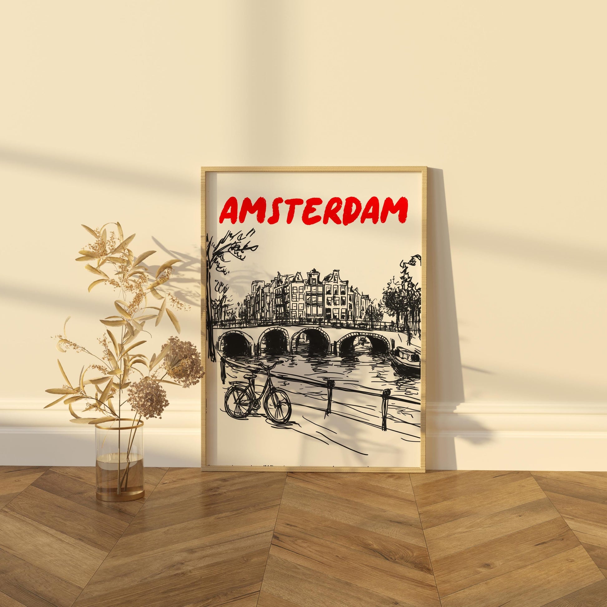 Amsterdam Canal Print | Minimalist Netherlands Wall Art Amsterdam Cityscape | Bicycle & Bridge Travel Poster | Dutch Home Decor