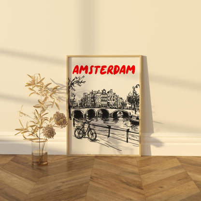 Amsterdam Canal Print | Minimalist Netherlands Wall Art Amsterdam Cityscape | Bicycle & Bridge Travel Poster | Dutch Home Decor