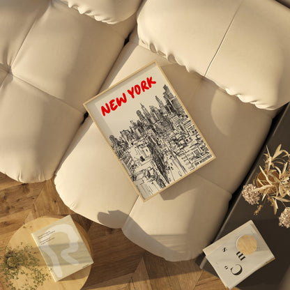 New York City Skyline Print | Black & White NYC Wall Art | Manhattan Urban Sketch | New York Travel Poster | Minimalist NYC Decor