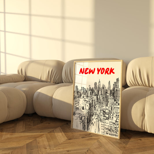 New York City Skyline Print | Black & White NYC Wall Art | Manhattan Urban Sketch | New York Travel Poster | Minimalist NYC Decor