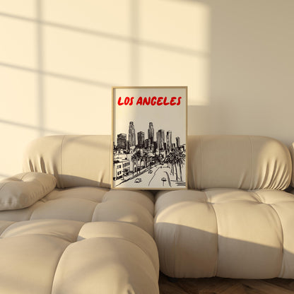 Los Angeles Skyline Print | LA Cityscape Wall Art | Minimalist Los Angeles Poster | Black & White Urban Sketch | Modern LA Decor