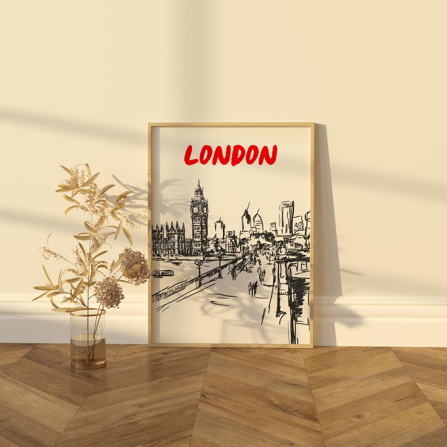 London Skyline Print | Black & White London Cityscape Art | Big Ben Thames River Sketch | Minimalist London Poster | UK Travel Decor