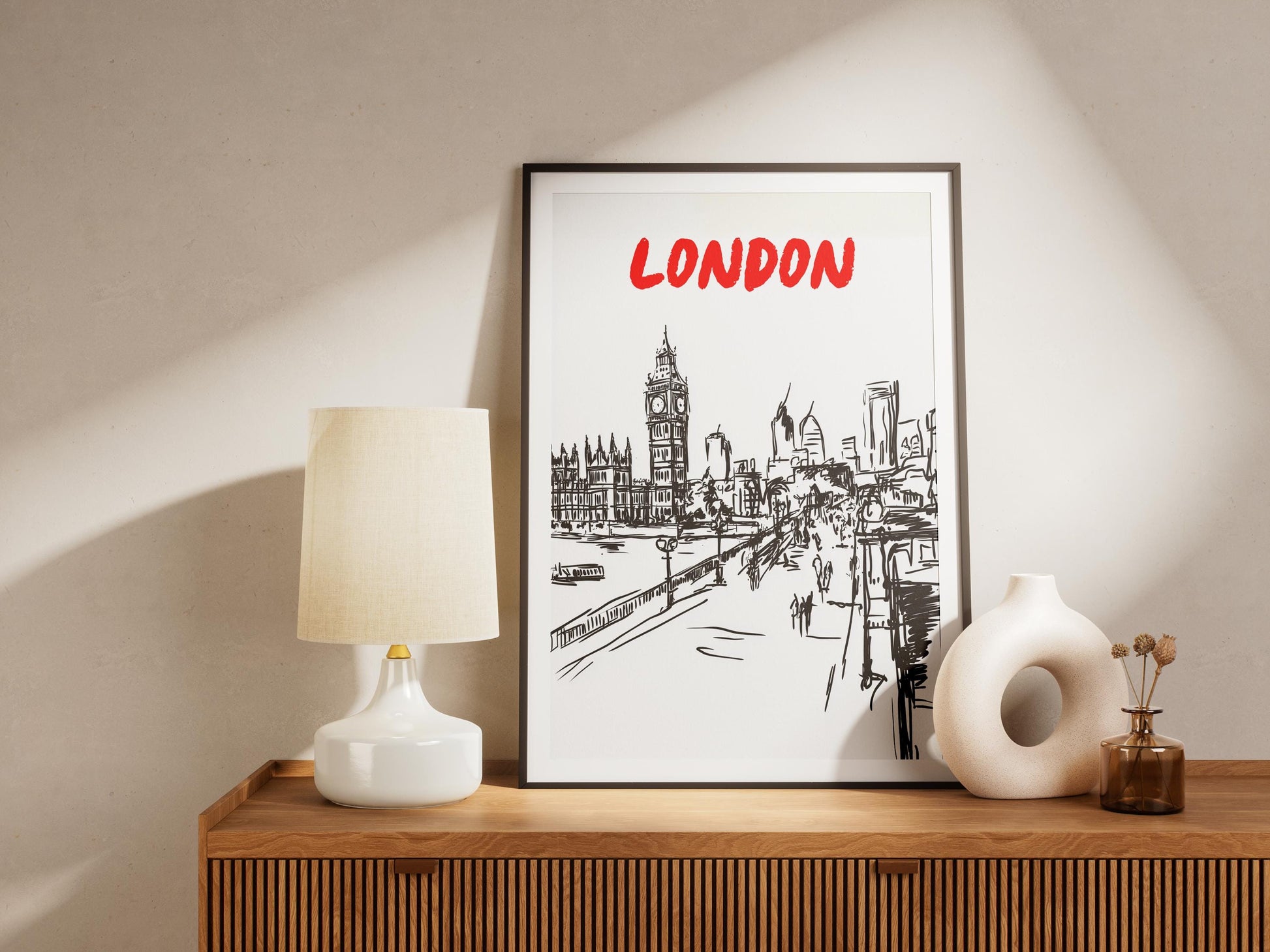 London Skyline Print | Black & White London Cityscape Art | Big Ben Thames River Sketch | Minimalist London Poster | UK Travel Decor