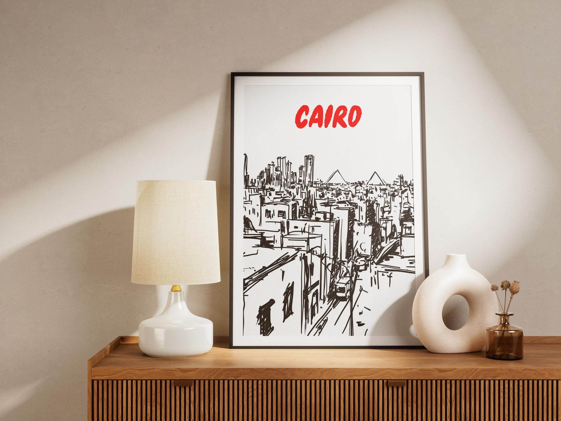 Cairo Skyline Print | Black and White Egypt Cityscape Poster | Pyramids & Cairo City Sketch | Modern Travel Wall Art | Minimalist Cairo Art