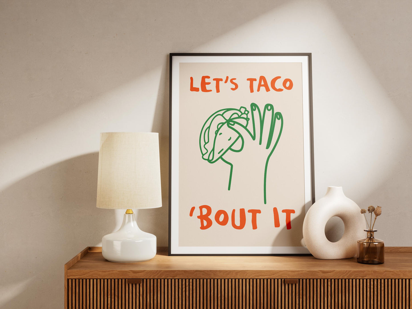 Let’s Taco ‘Bout It Print | Funny Taco Wall Art | Quirky Kitchen Decor for Foodies & Mexican Food Lovers