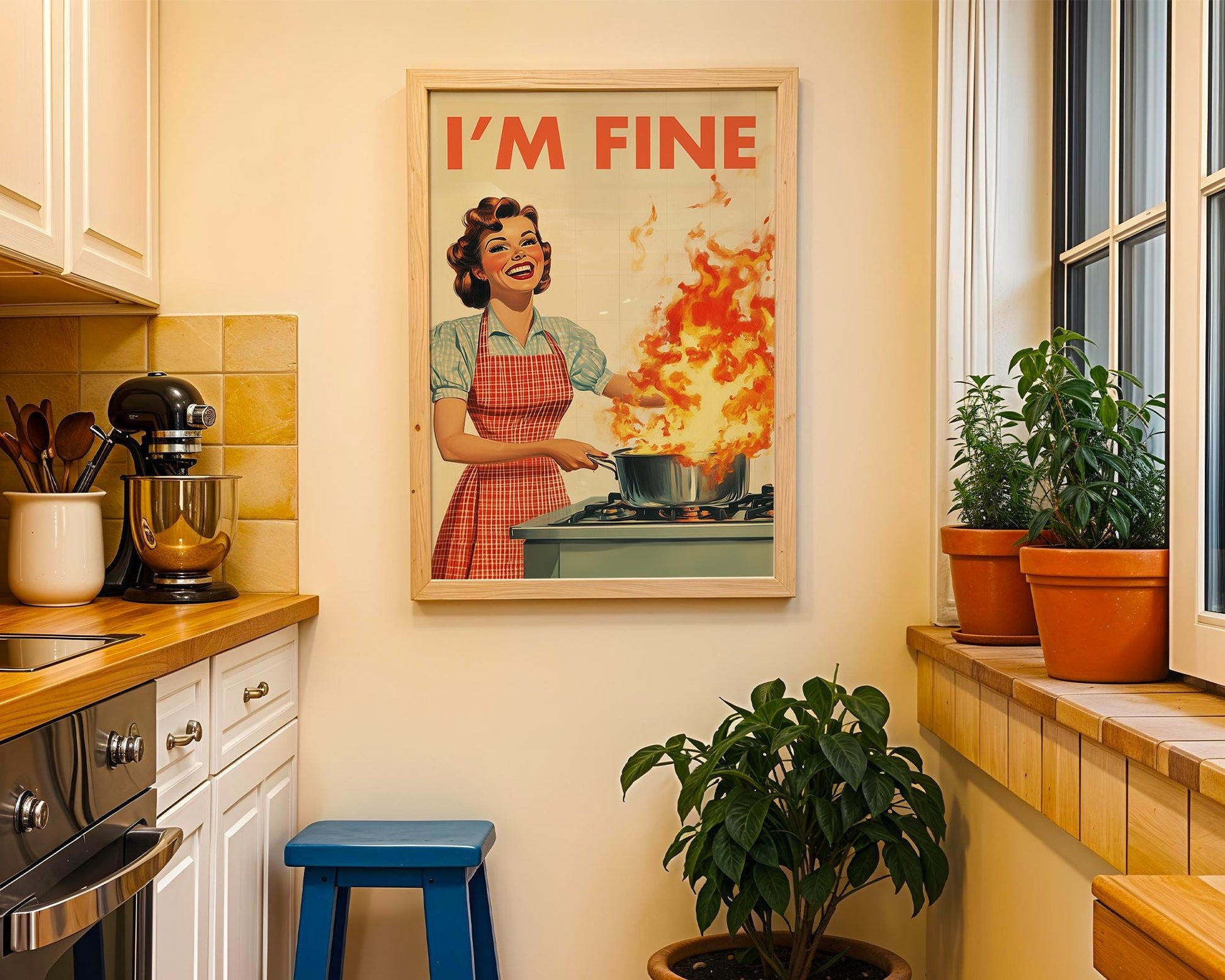 Retro Kitchen Print, Funny 50s Poster, Vintage Cooking Art, Humorous Kitchen Decor, Retro Wall Art Gift Ideas, “I’m Fine” Print