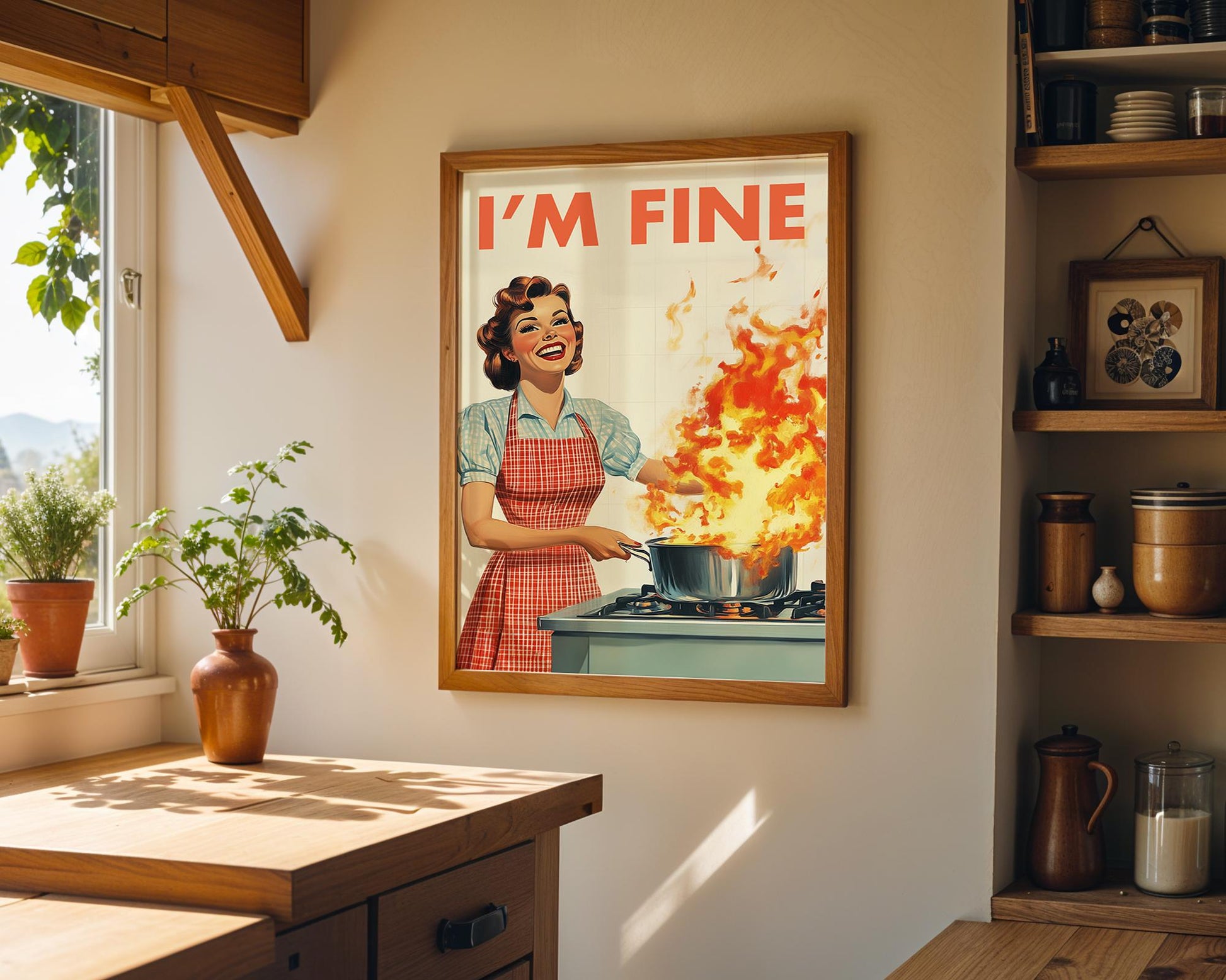 Retro Kitchen Print, Funny 50s Poster, Vintage Cooking Art, Humorous Kitchen Decor, Retro Wall Art Gift Ideas, “I’m Fine” Print