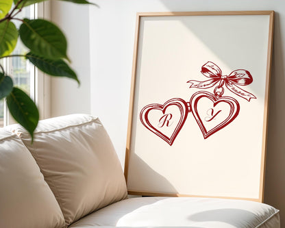 Custom Couples Initial Locket Art Print, Personalized Anniversary Gift, Digital Download, Valentine's Gift, Wall Art for Couples