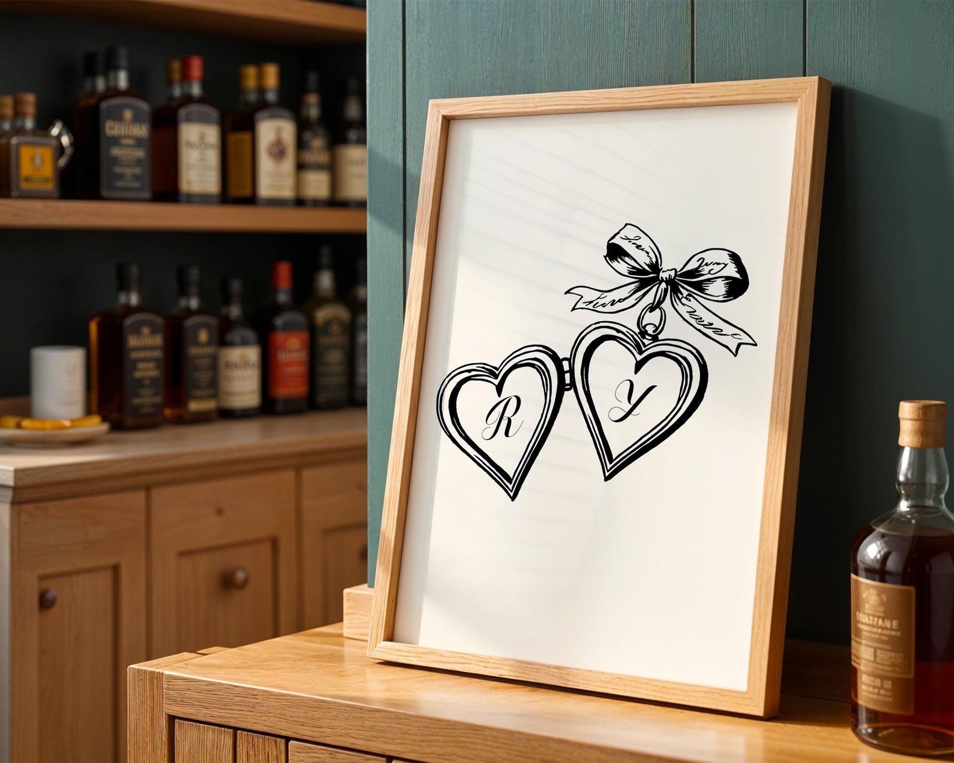 Custom Couples Initial Locket Art Print, Personalized Anniversary Gift, Printed and Shipped, Valentine's Gift, Wall Art for Couples