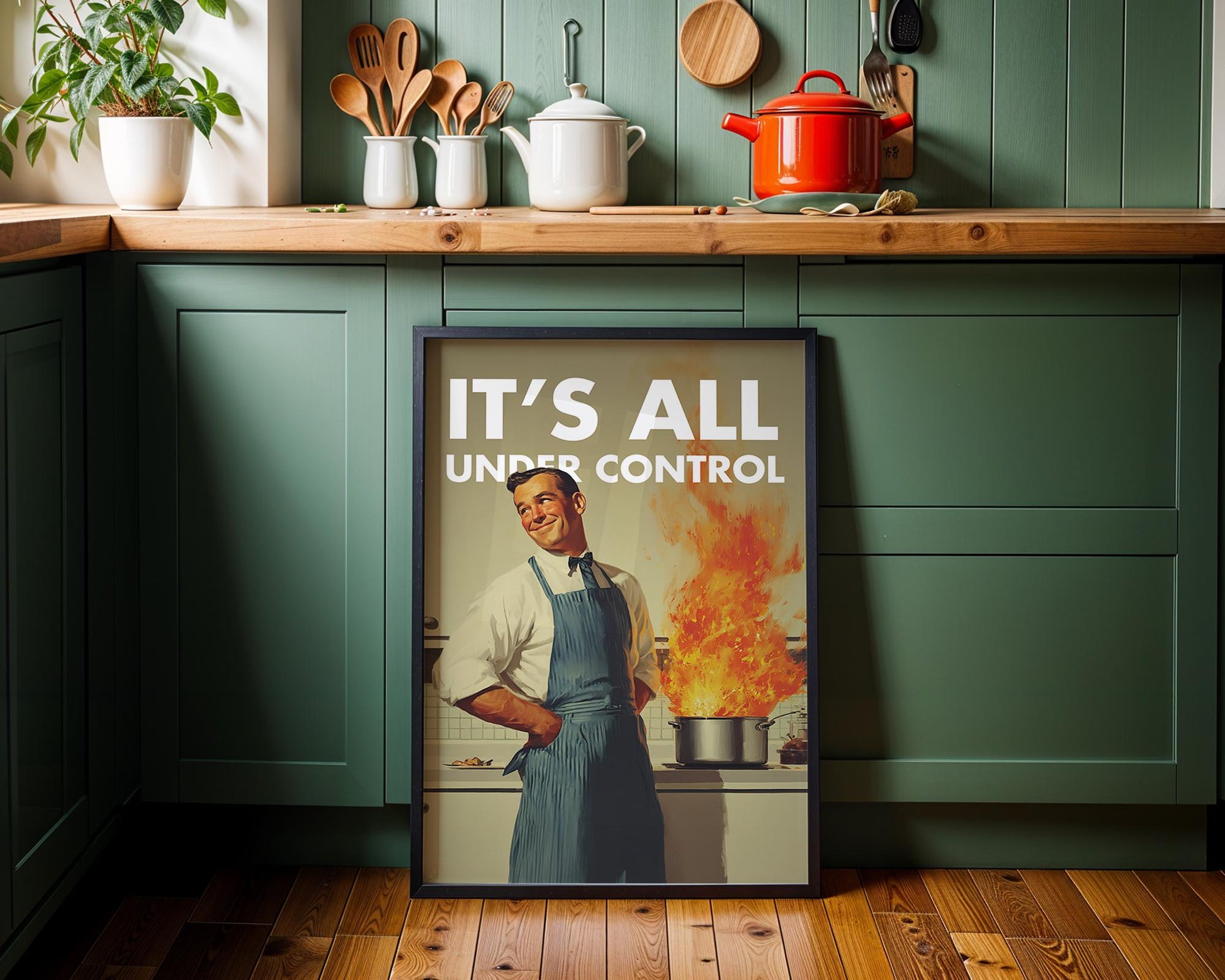 Retro Kitchen Print, Funny 50s Poster, Vintage Cooking Art, Humorous Kitchen Decor, Retro Wall Art Gift Ideas, “Under Control” Print