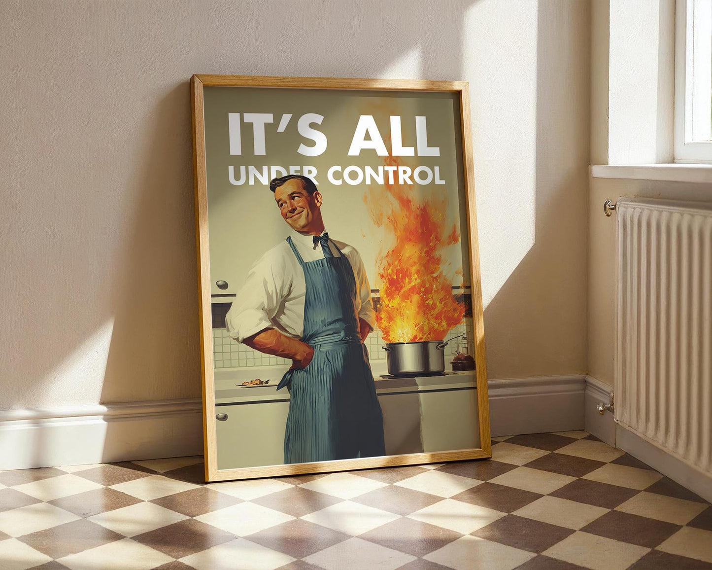 Retro Kitchen Print, Funny 50s Poster, Vintage Cooking Art, Humorous Kitchen Decor, Retro Wall Art Gift Ideas, “Under Control” Print