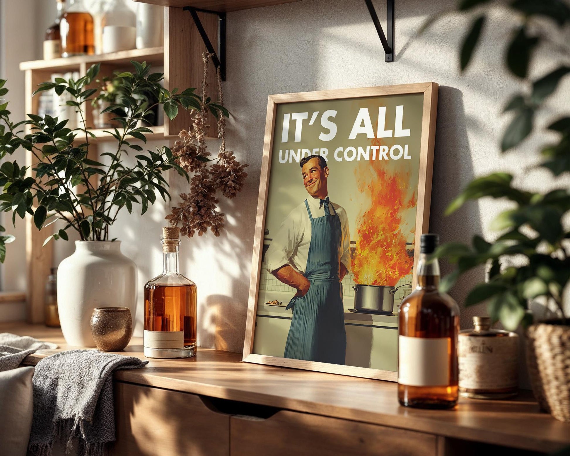 Retro Kitchen Print, Funny 50s Poster, Vintage Cooking Art, Humorous Kitchen Decor, Retro Wall Art Gift Ideas, “Under Control” Print